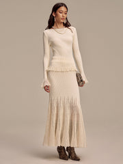 Ribbed Knit Mesh Ruffled Hem Bell Sleeve Top