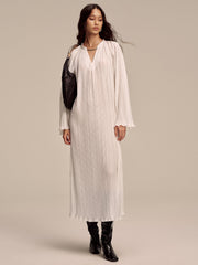 Metal Collar Pleated Long-Sleeve Maxi Dress