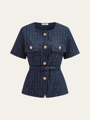 Tweed Short-Sleeved Blazer with Belt