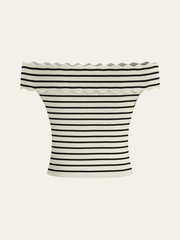 Striped Off-Shoulder Metal Button Knit Top