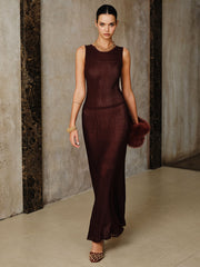 Mesh Panel Ribbed Knit Maxi Dress Set with Liner