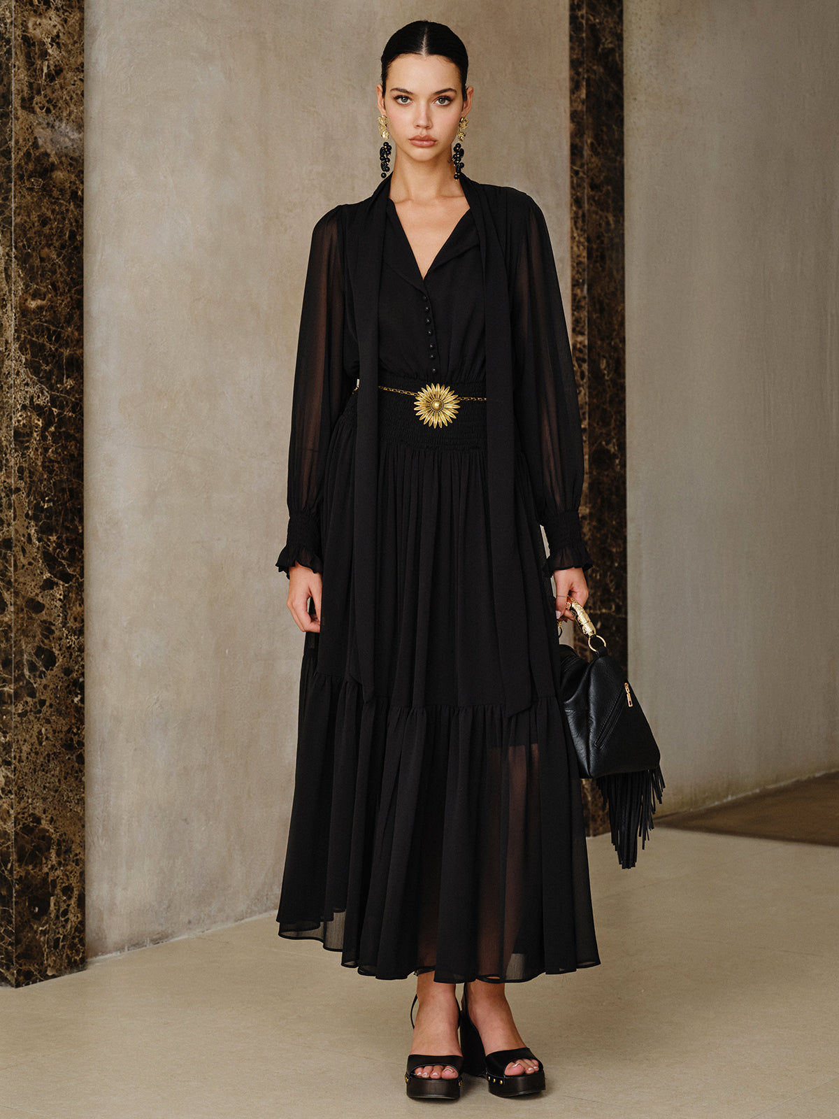 Chiffon Maxi Dresse Set with Scarf and Liner