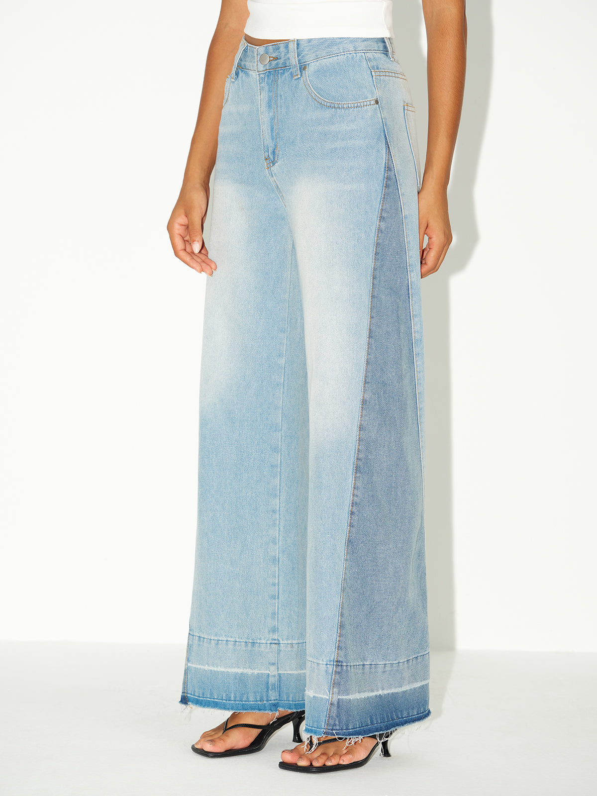 Contrast Panel Wide-Leg Jeans