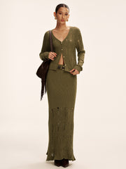 Metal Button Openwork Knit Skirt Set