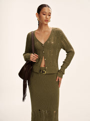 Metal Button Openwork Knit Skirt Set