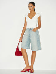 Ruched V-Neck Cap Sleeve T-Shirt