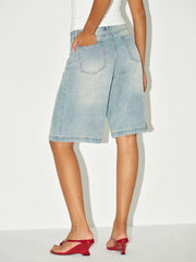 Mid-Waist Denim Bermuda Shorts