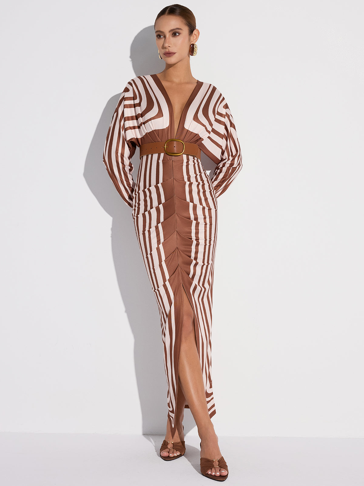 Striped Plunge Neck Slit Midi Dress without Belt