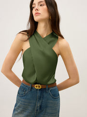 Satin Cross-Over Collar Tank Top
