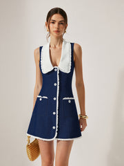 Denim Lace Trim Lapel Mini Dress