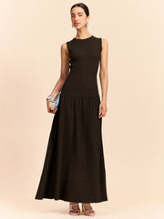Sleeveless Knit Eyelet Pleated Maxi Dress