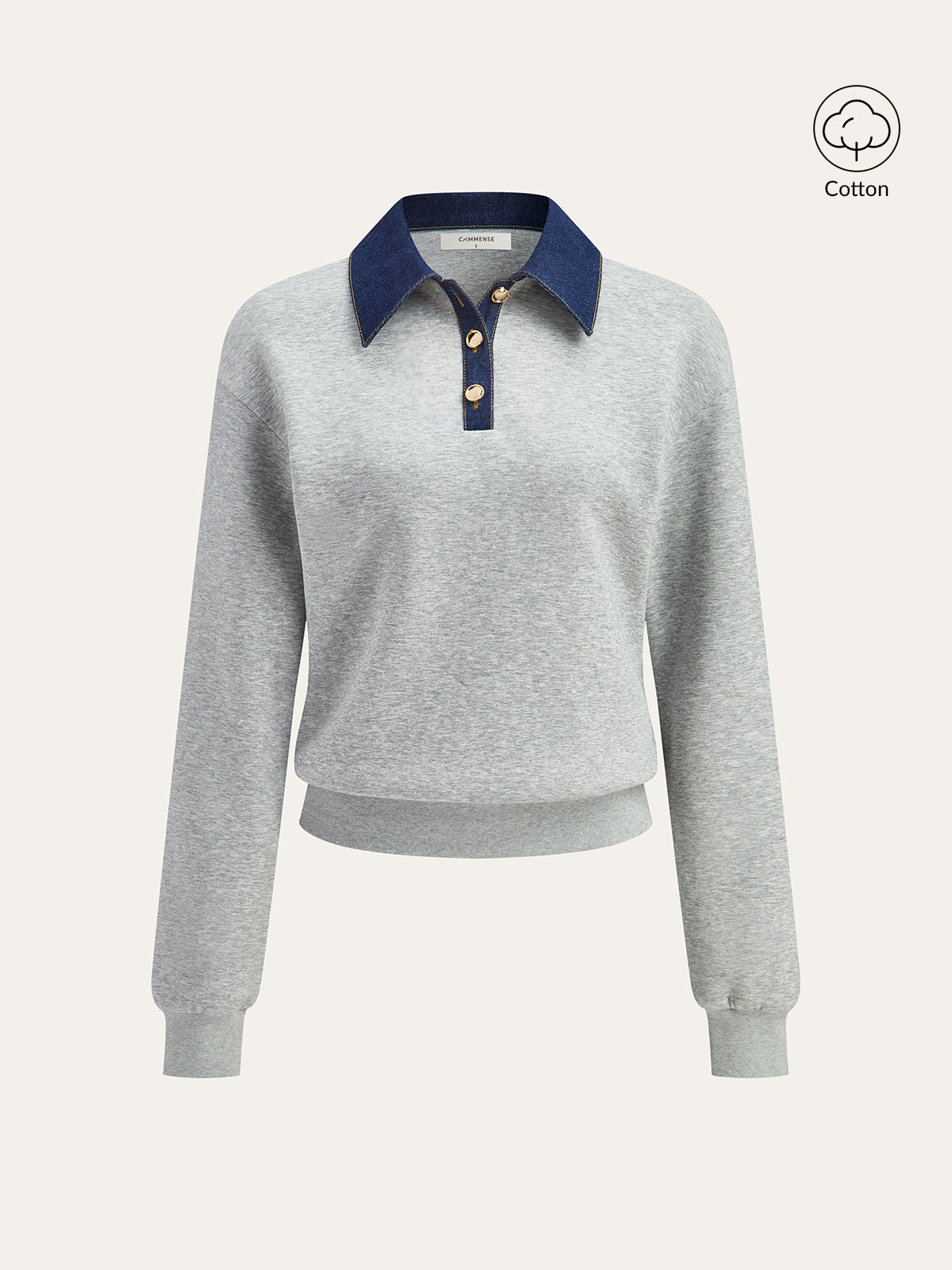 Denim Collar Metal Button Polo Sweatshirt