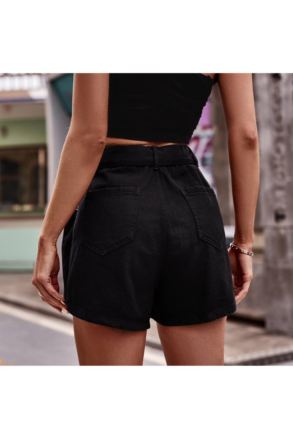 Belted Denim Shorts with Pockets