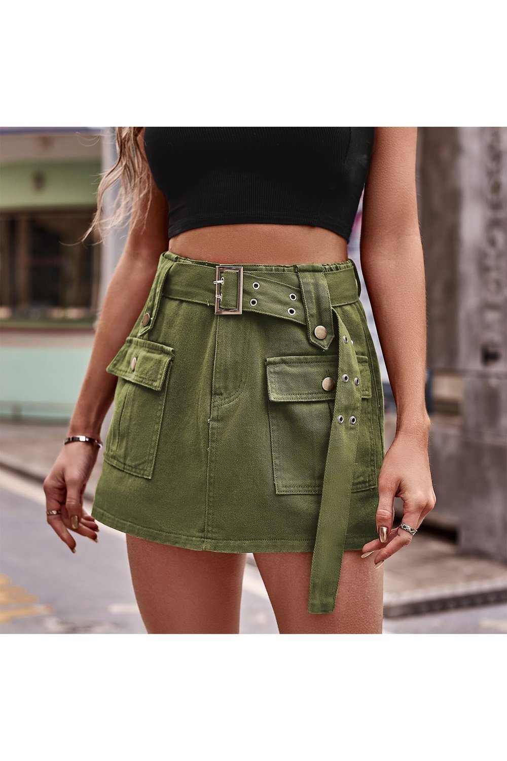 Belted Denim Shorts with Pockets