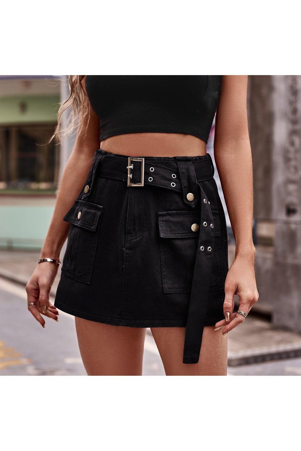 Belted Denim Shorts with Pockets