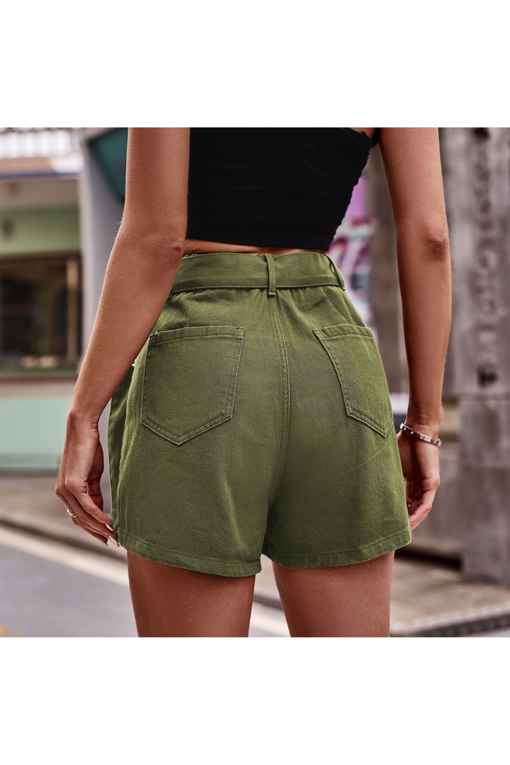 Belted Denim Shorts with Pockets