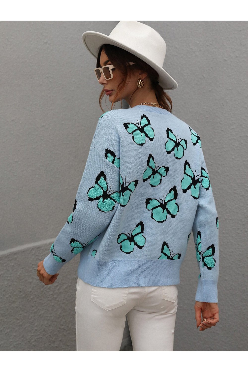 Butterfly Dropped Shoulder Crewneck Sweater