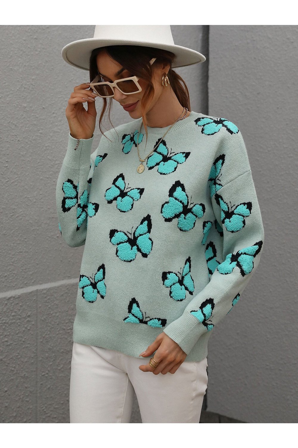 Butterfly Dropped Shoulder Crewneck Sweater