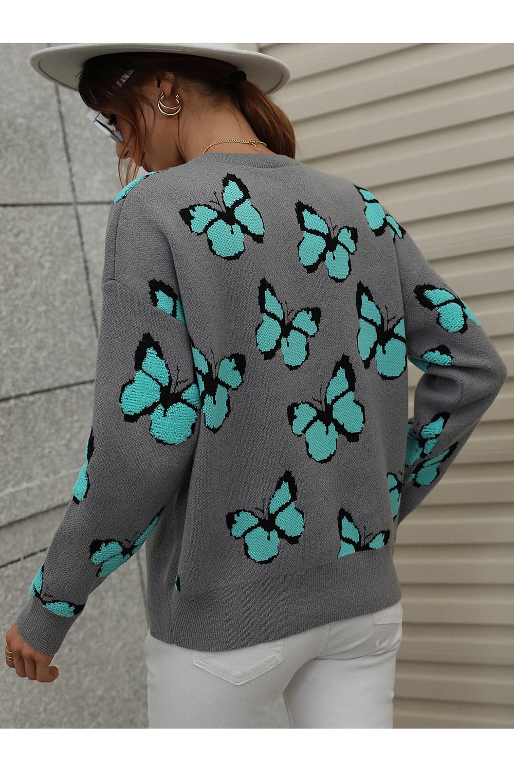 Butterfly Dropped Shoulder Crewneck Sweater