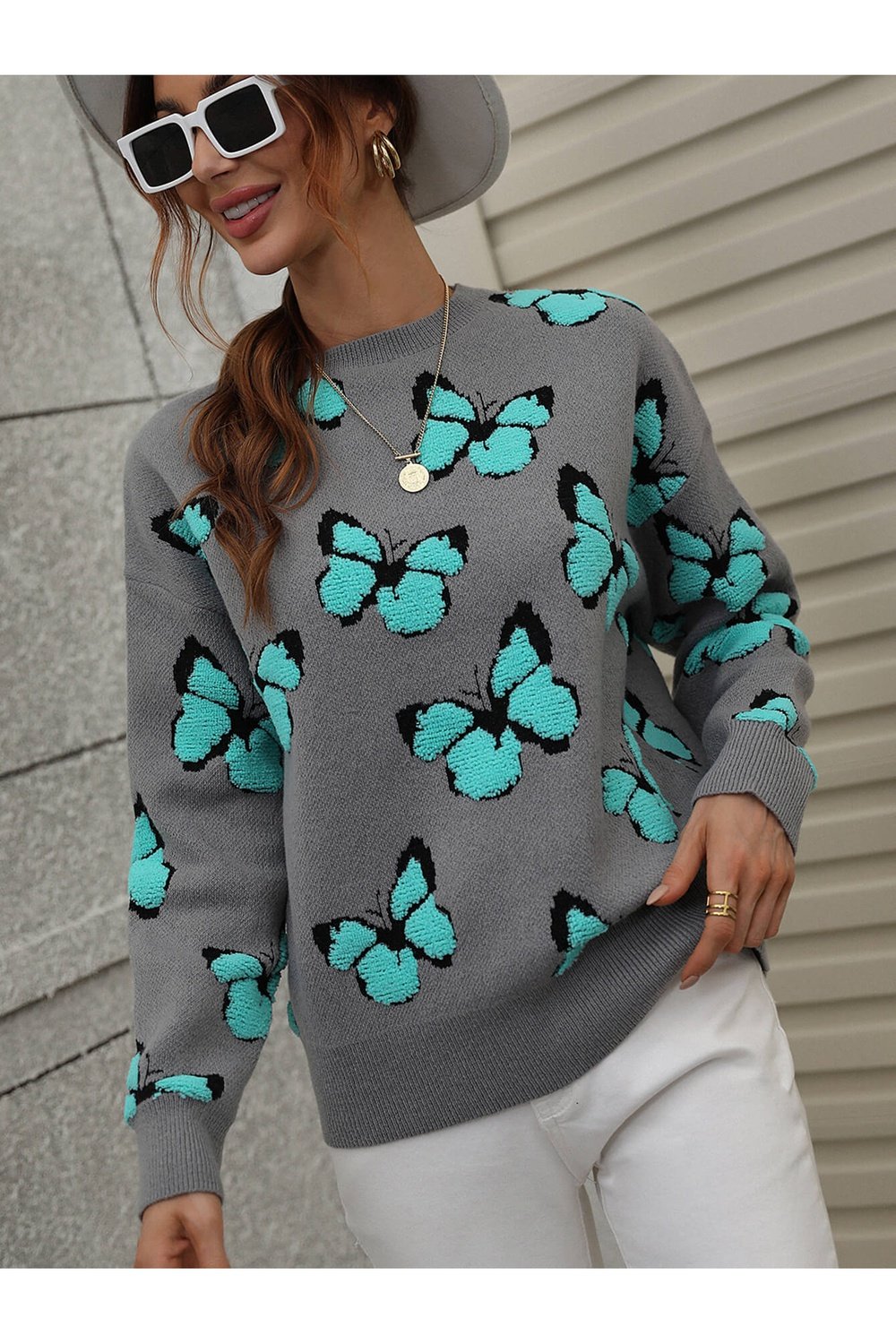 Butterfly Dropped Shoulder Crewneck Sweater