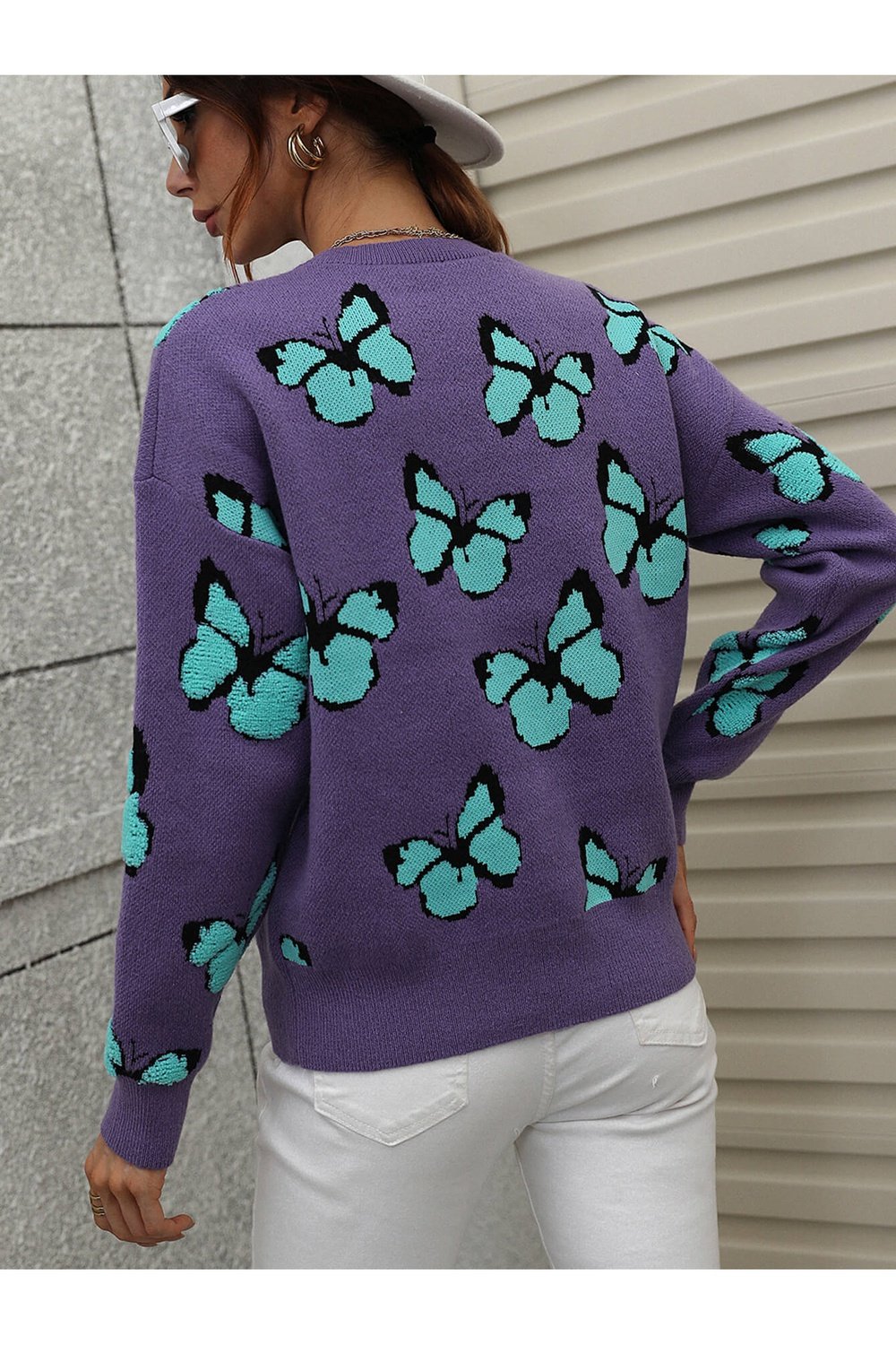 Butterfly Dropped Shoulder Crewneck Sweater