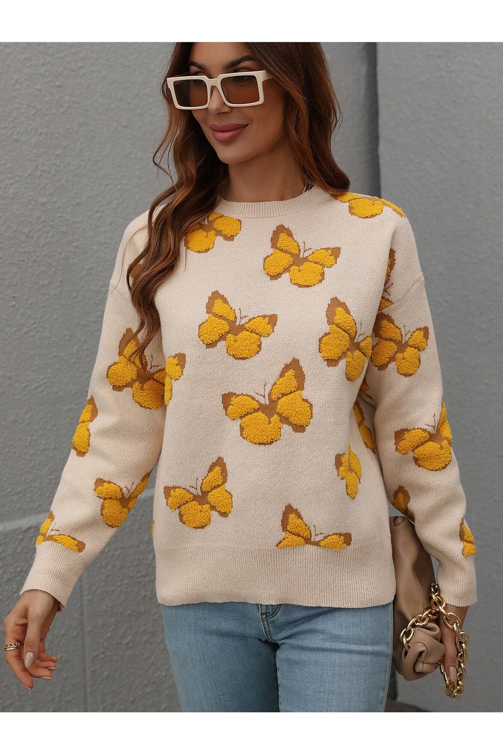 Butterfly Dropped Shoulder Crewneck Sweater