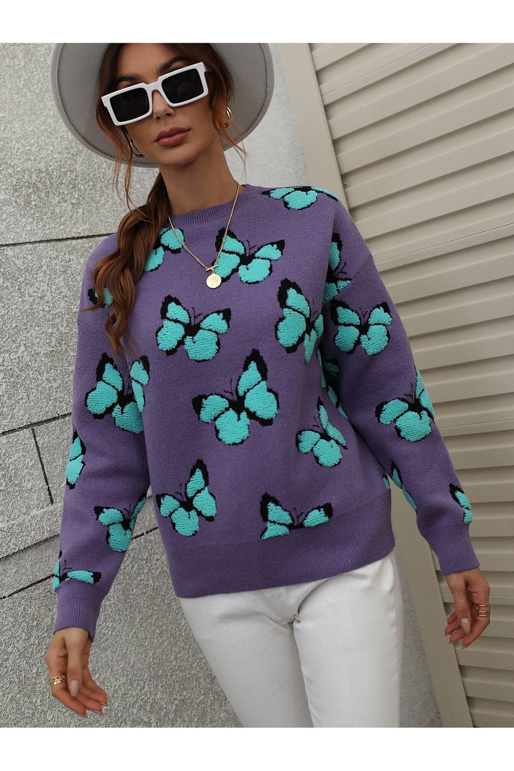 Butterfly Dropped Shoulder Crewneck Sweater