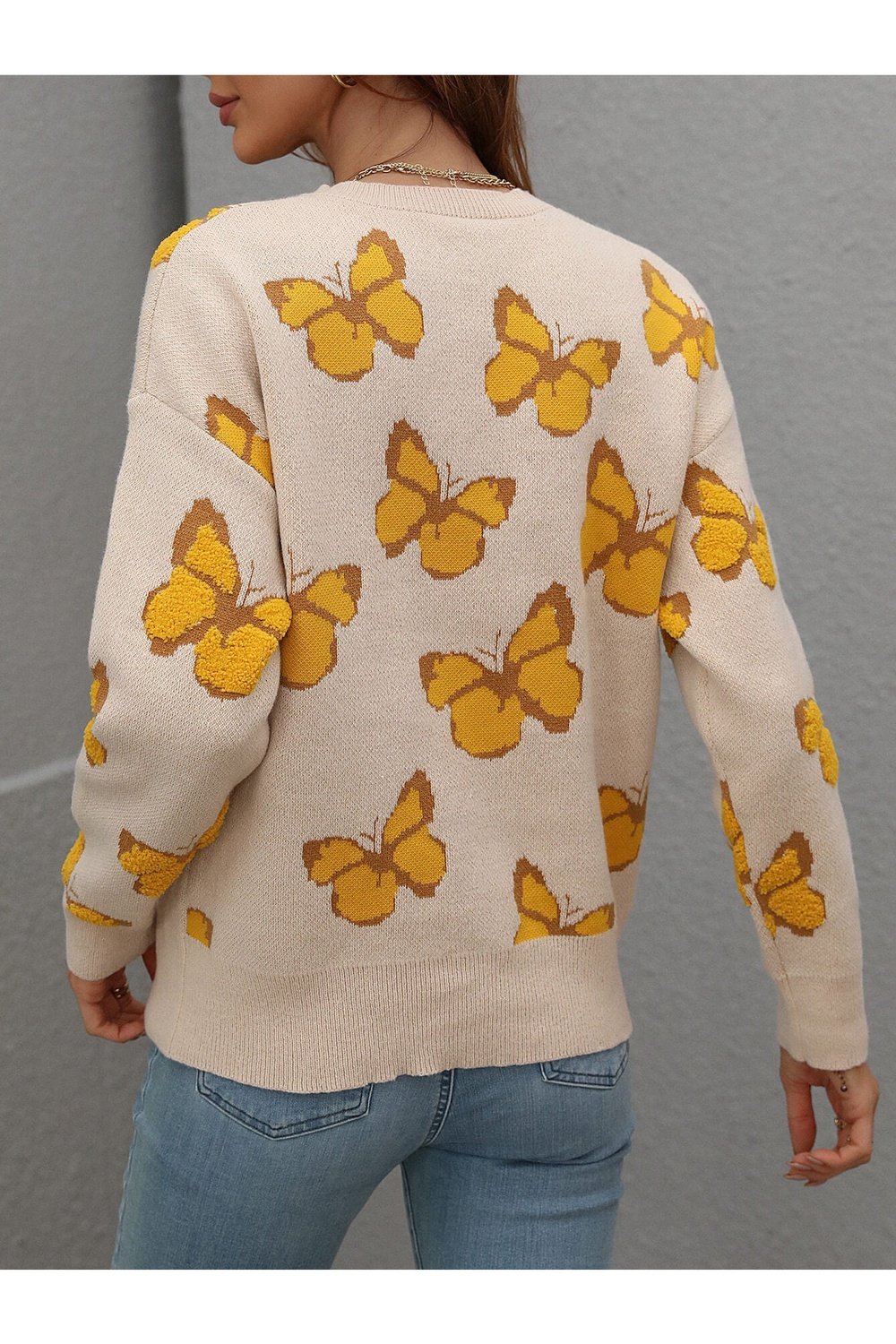 Butterfly Dropped Shoulder Crewneck Sweater