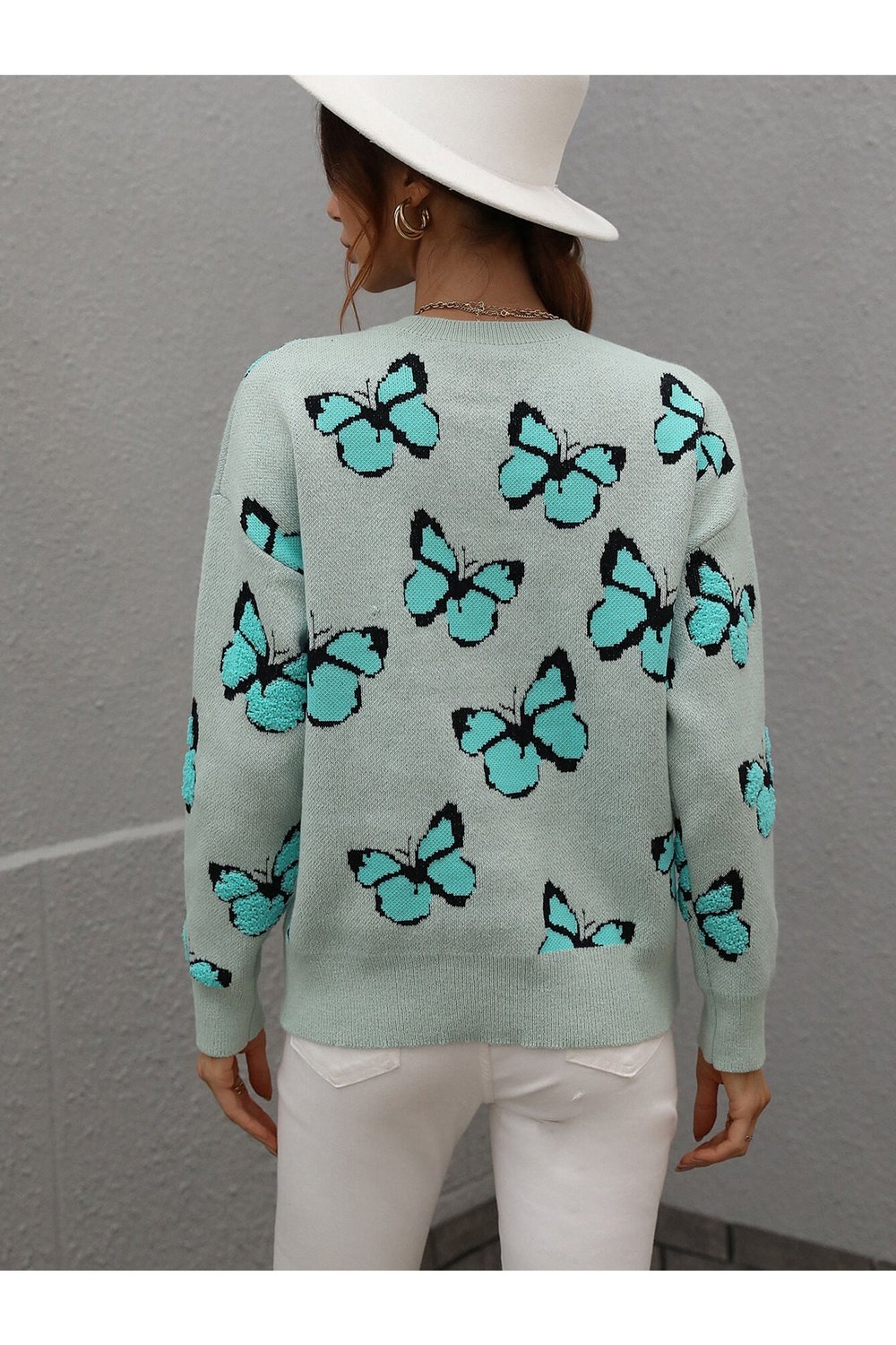 Butterfly Dropped Shoulder Crewneck Sweater