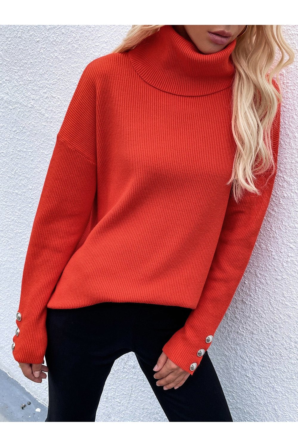 Button Detail Rib-Knit Turtleneck Sweater