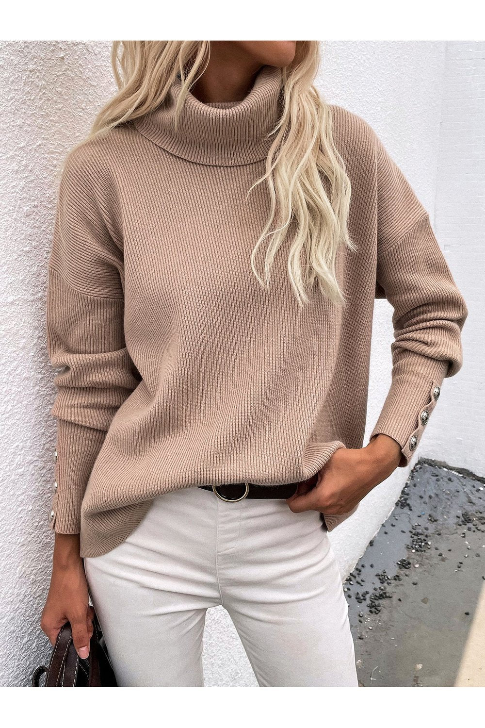 Button Detail Rib-Knit Turtleneck Sweater