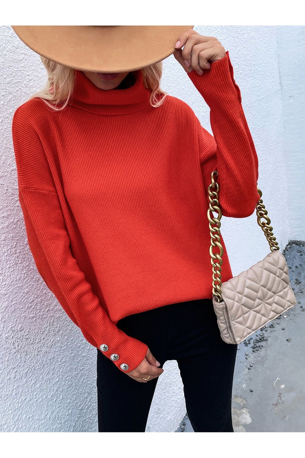 Button Detail Rib-Knit Turtleneck Sweater