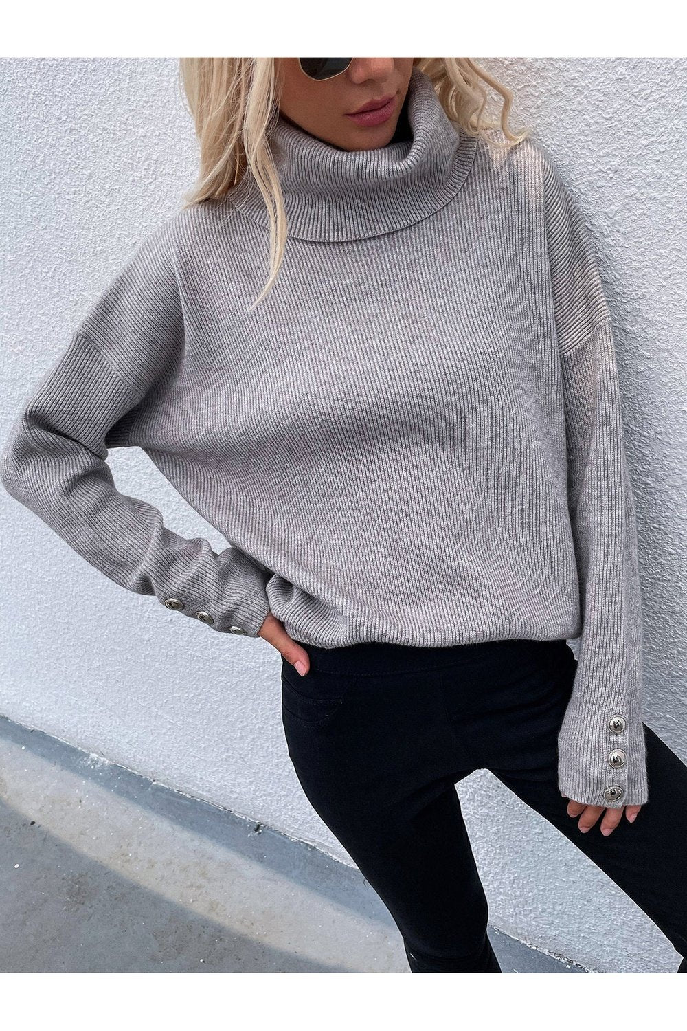 Button Detail Rib-Knit Turtleneck Sweater