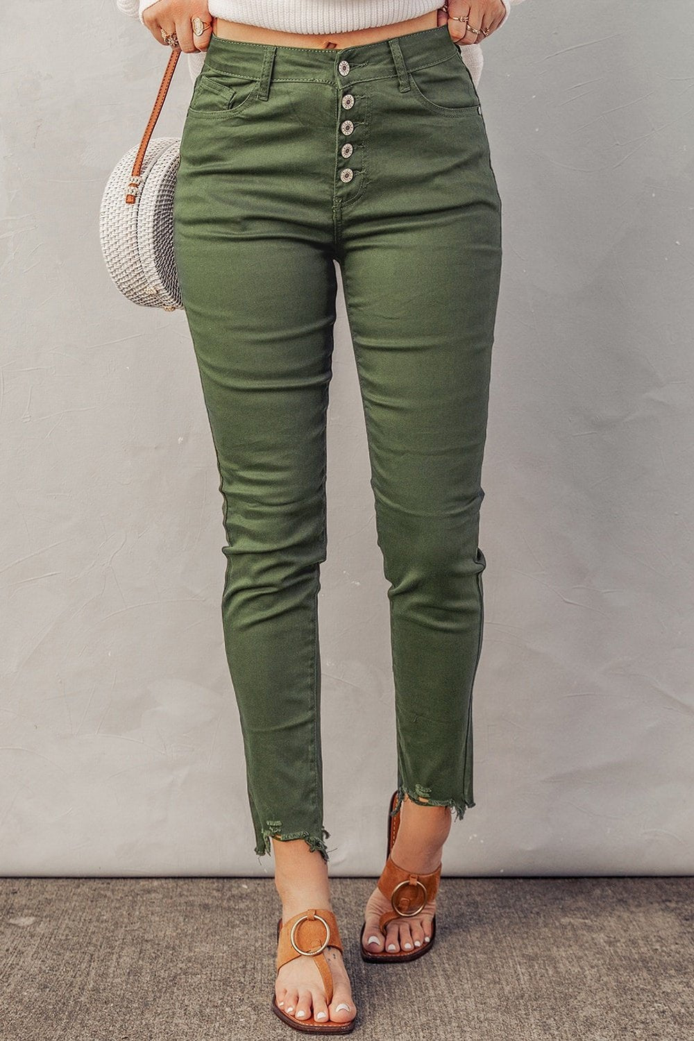 Button Fly Hem Detail Skinny Jeans