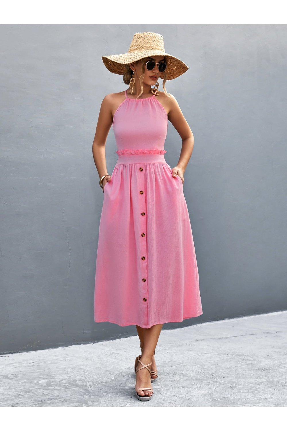 Buttoned Halter Neck Frill Trim Midi Dress