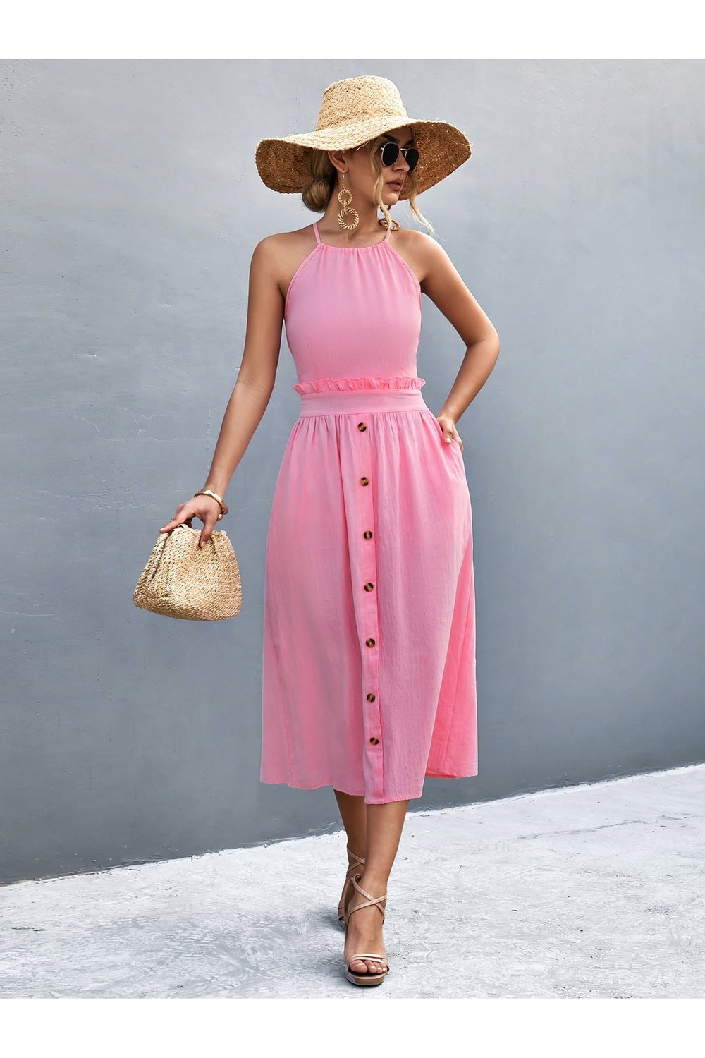 Buttoned Halter Neck Frill Trim Midi Dress