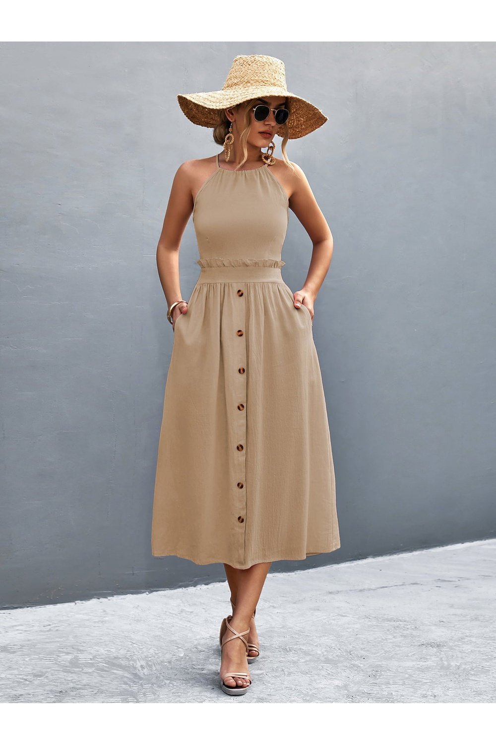 Buttoned Halter Neck Frill Trim Midi Dress