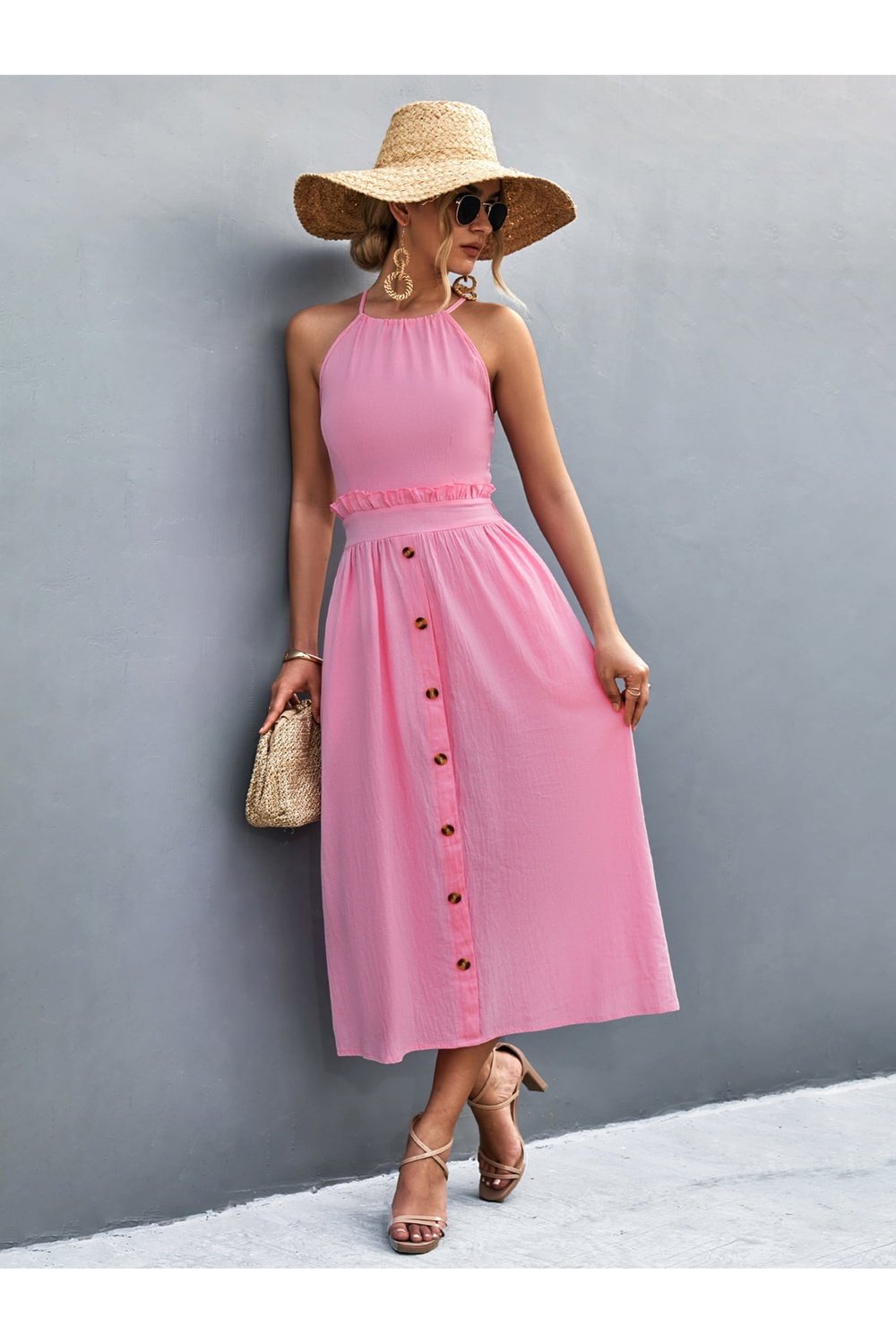 Buttoned Halter Neck Frill Trim Midi Dress