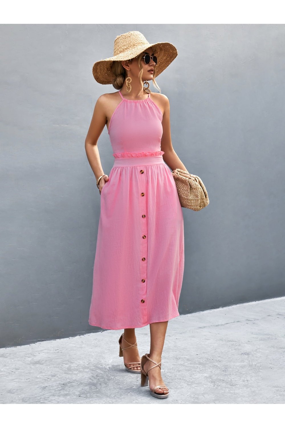 Buttoned Halter Neck Frill Trim Midi Dress