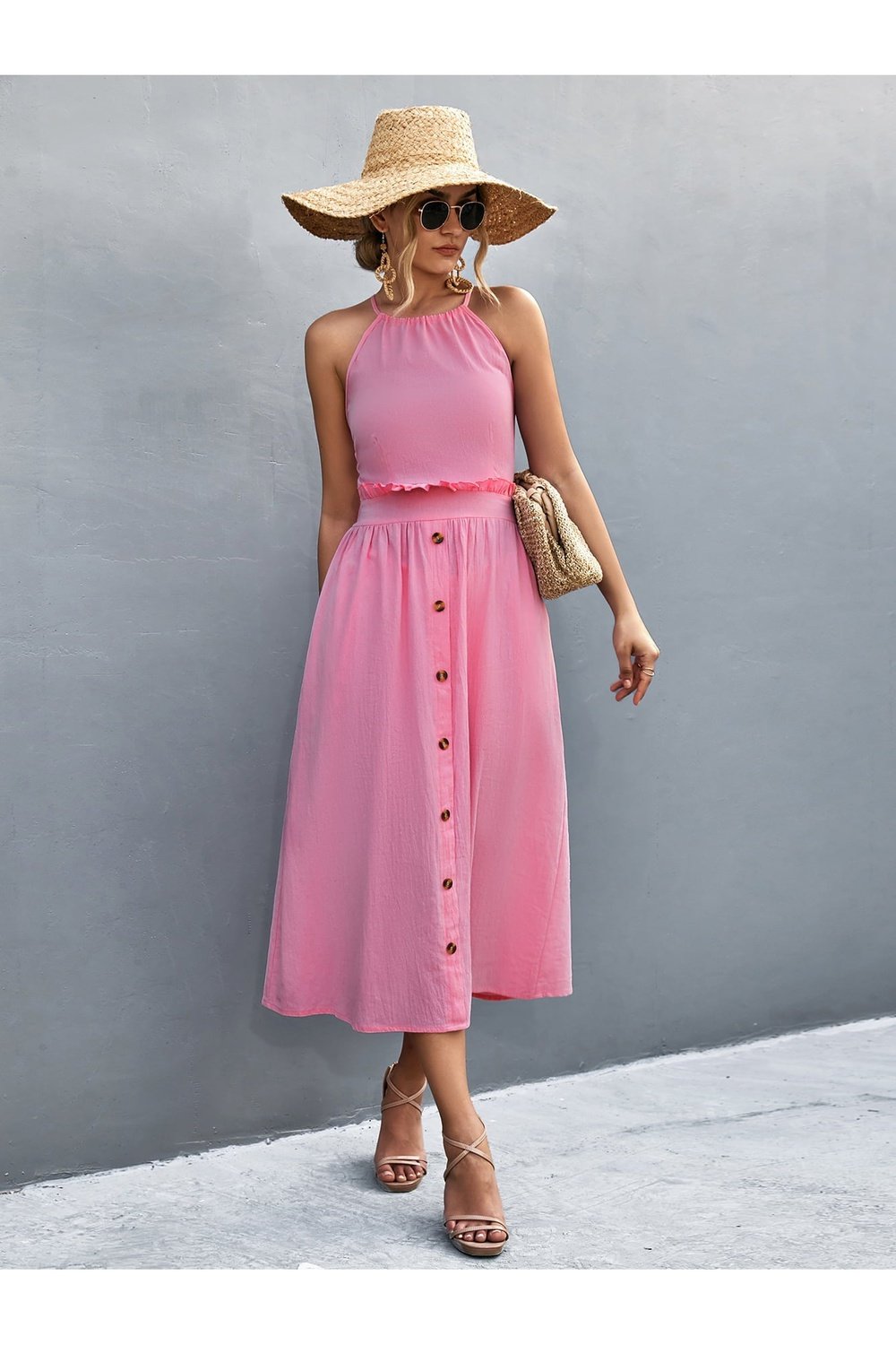 Buttoned Halter Neck Frill Trim Midi Dress