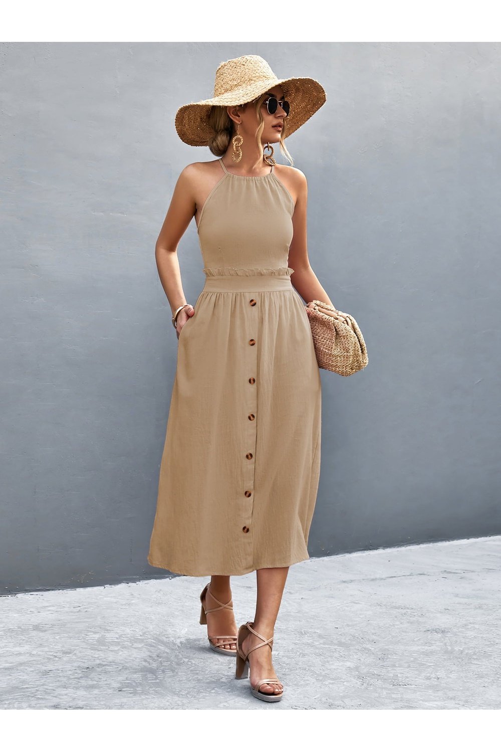 Buttoned Halter Neck Frill Trim Midi Dress