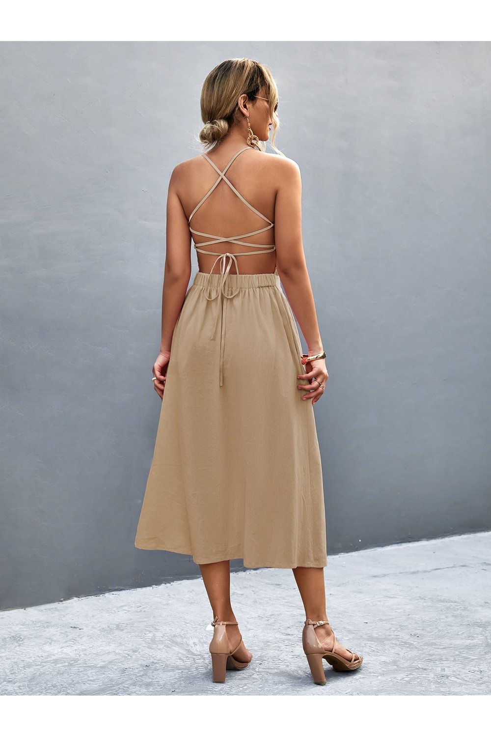 Buttoned Halter Neck Frill Trim Midi Dress