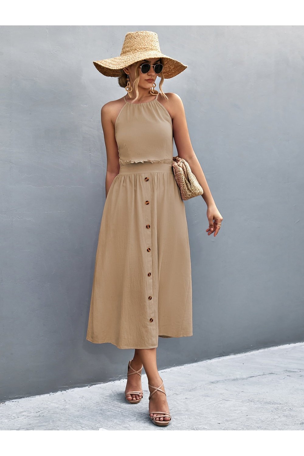 Buttoned Halter Neck Frill Trim Midi Dress