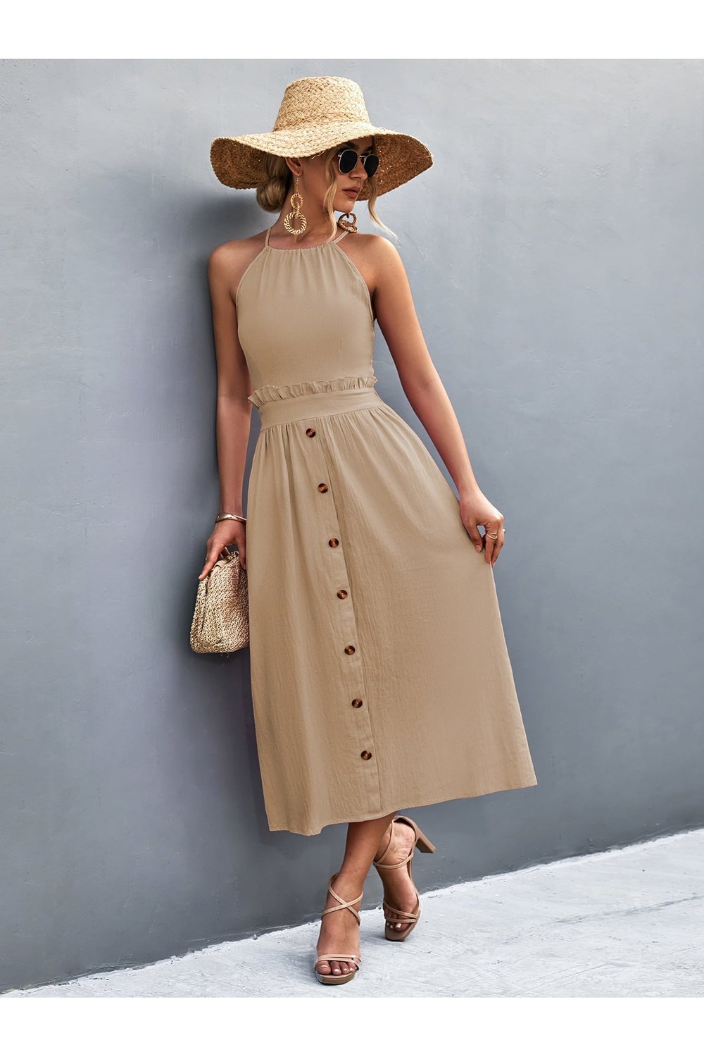 Buttoned Halter Neck Frill Trim Midi Dress