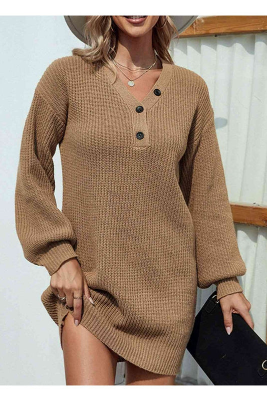 Buttoned V-Neck Sweater Dress