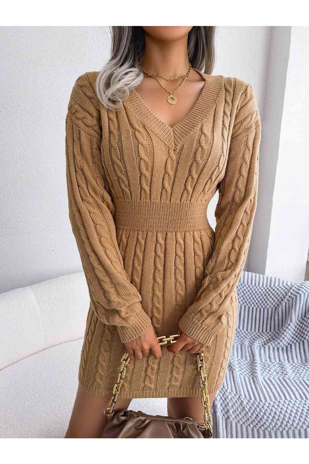 Cable-Knit V-Neck Mini Sweater Dress