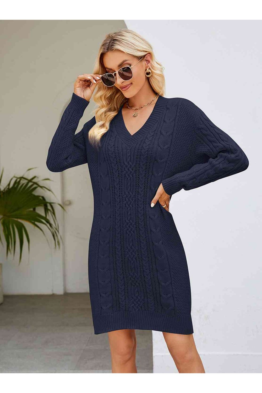 Cable-Knit V-Neck Mini Sweater Dress