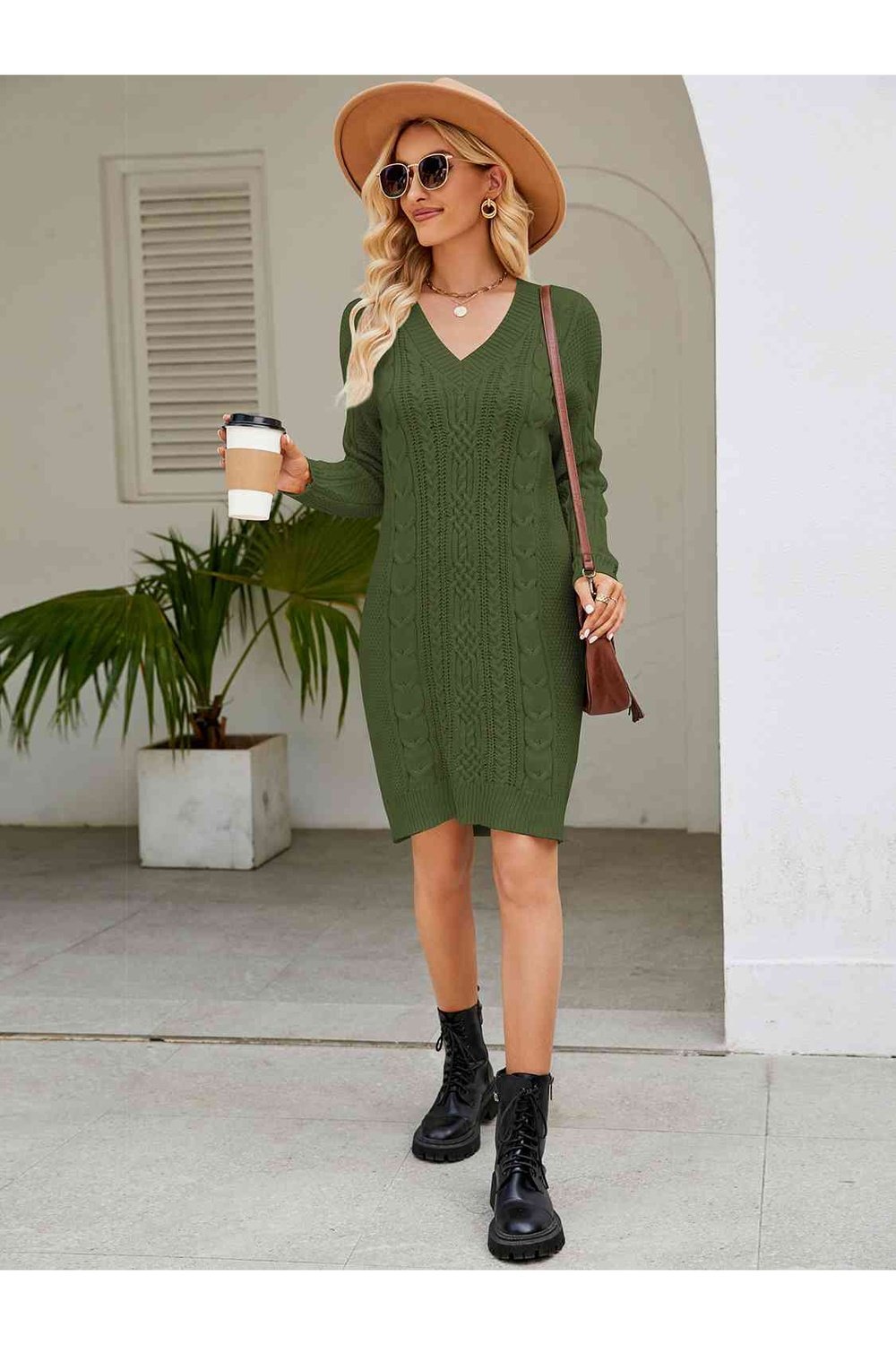 Cable-Knit V-Neck Mini Sweater Dress