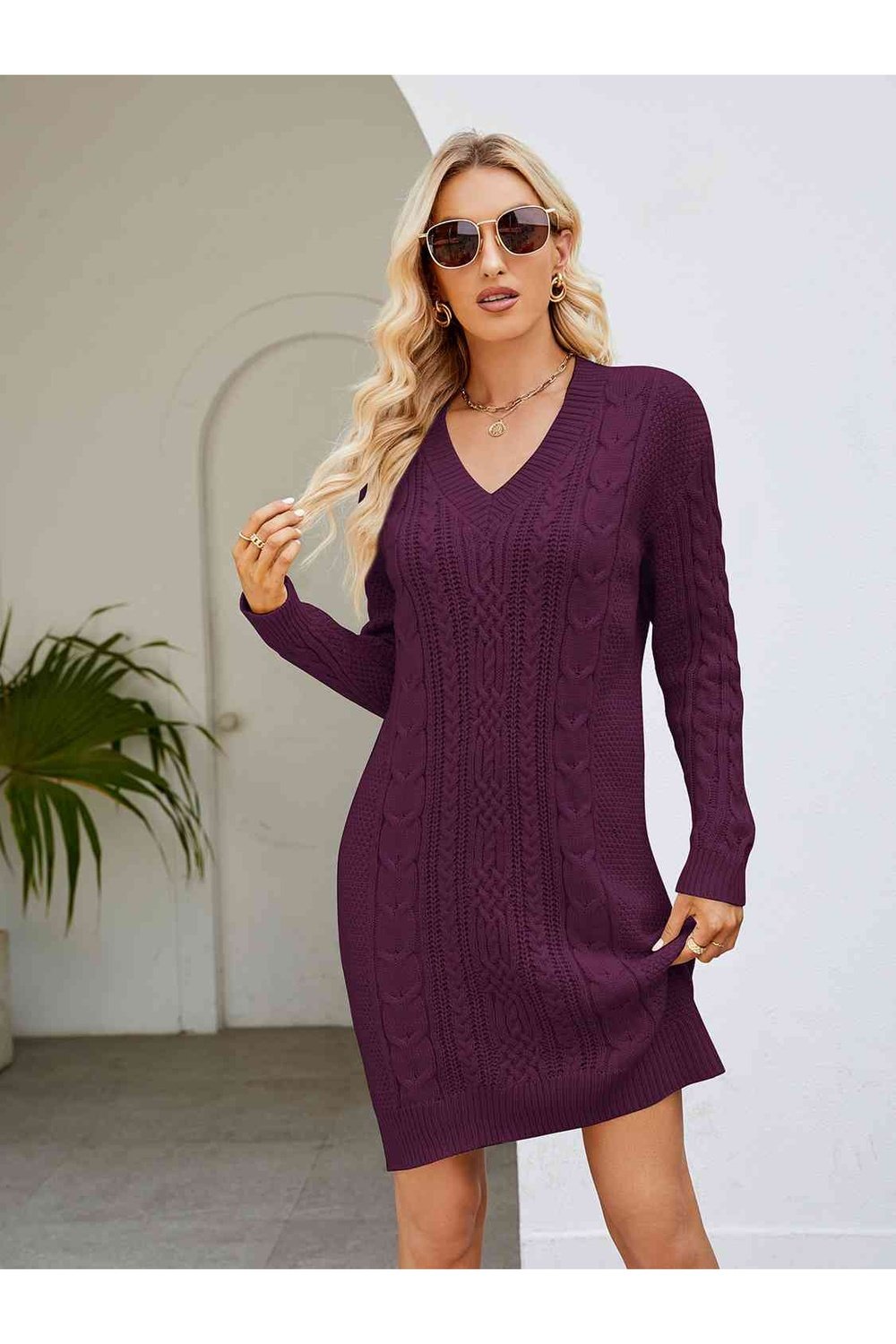 Cable-Knit V-Neck Mini Sweater Dress