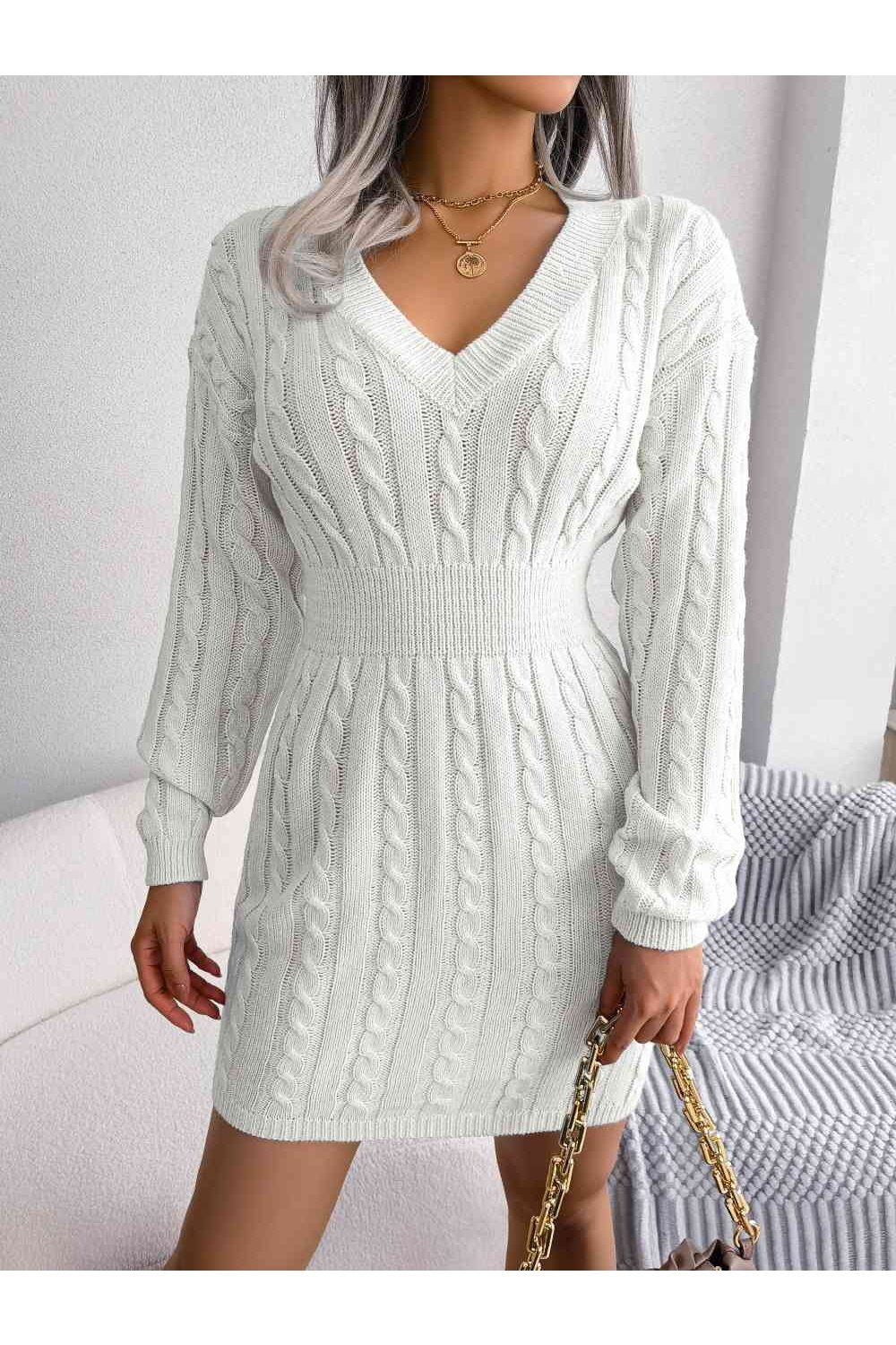 Cable-Knit V-Neck Mini Sweater Dress